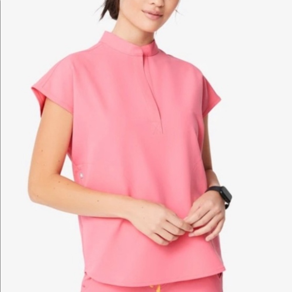 Figs Neon Pink Rafaela Mandarin Collar Scrub Top